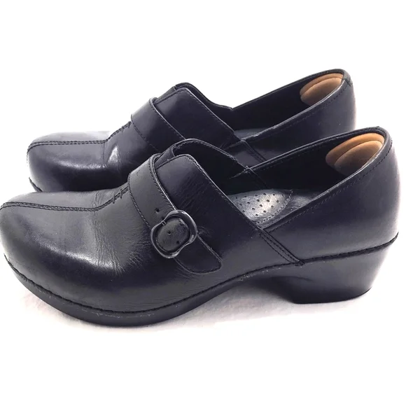 Dansko Tamara Black Leather Slip-On Clogs With Adjustable Strap - Picture 13 of 16